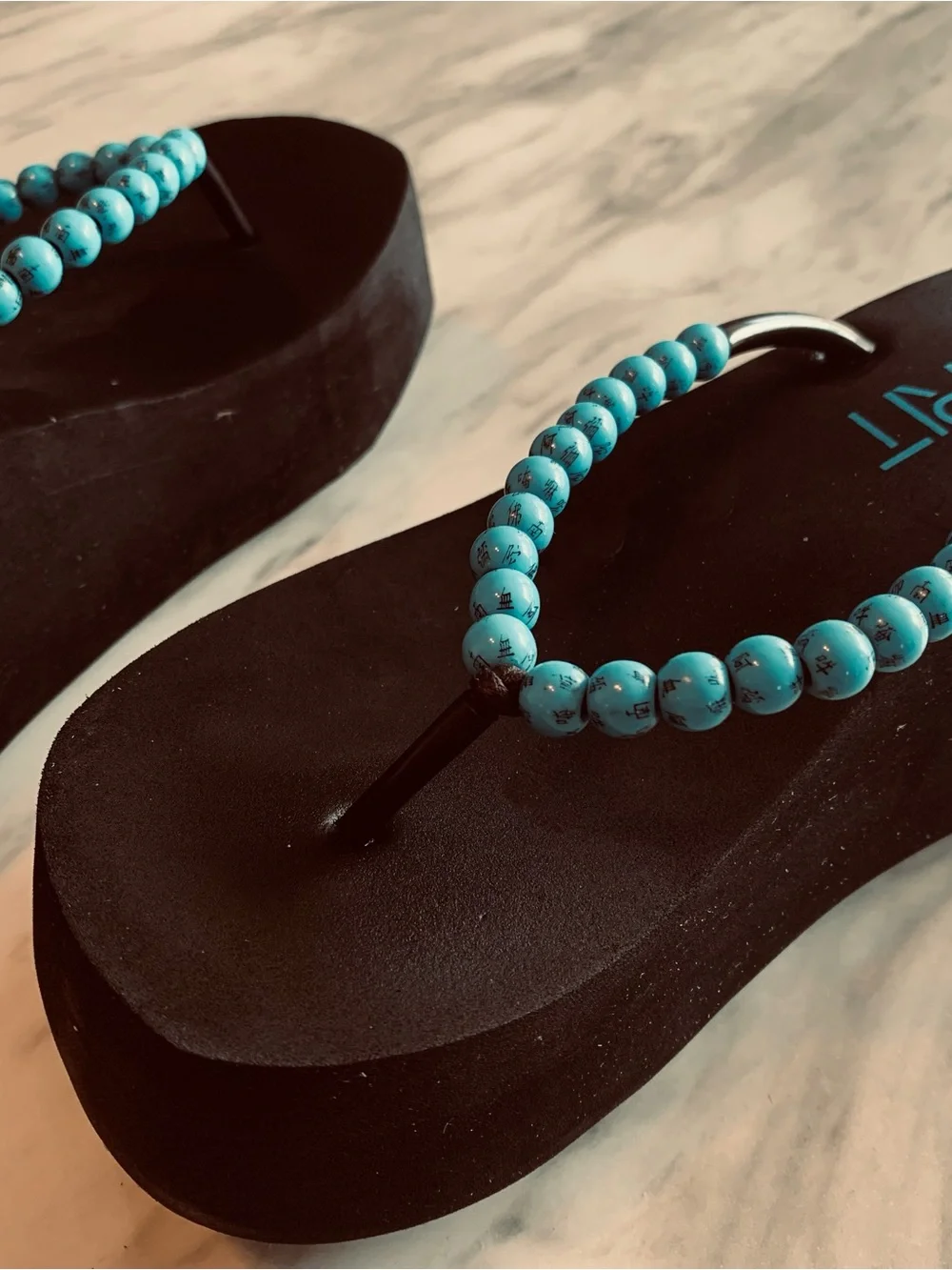 Esprit Black Platform Flip Flops with Turquoise Beaded Straps